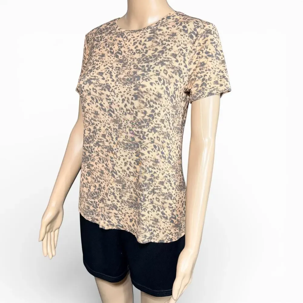 Nine West Womens T Shirt Top Soft Spun Animal Print Rayon Short Sleeve Brown XS
